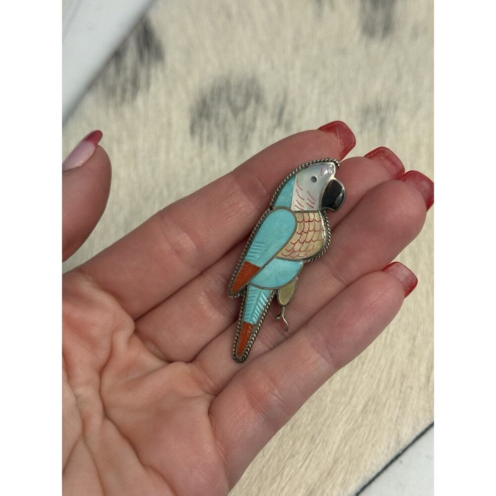 Zuni 2” Leland Peketewa Sterling Silver Inlay Turquoise Coral MOP Parrot Pendant - Picture 2 of 13